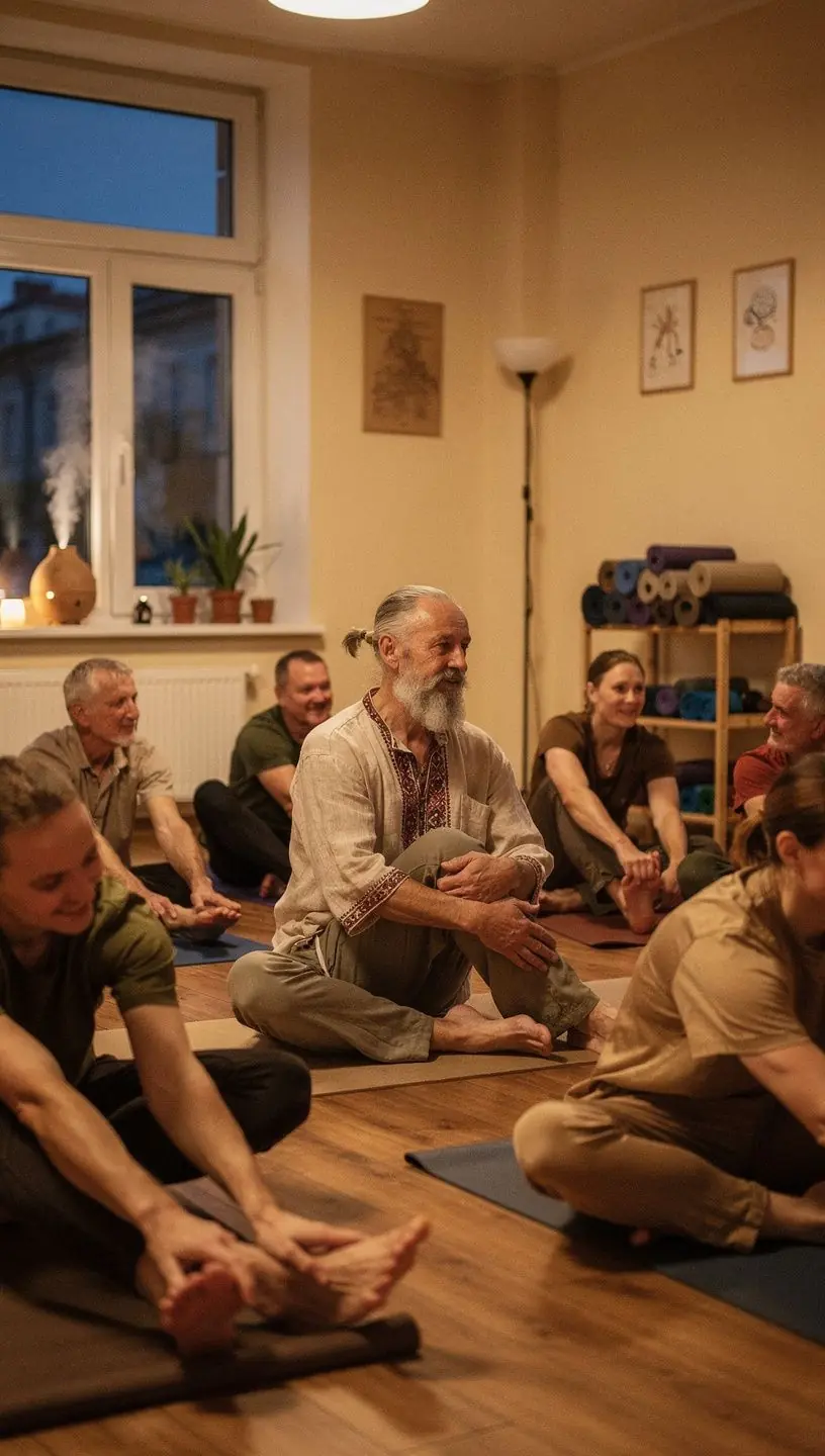 Grupa uczestników w trakcie sesji jogi, koncentrujących się na rozluźnieniu napiętych mięśni.