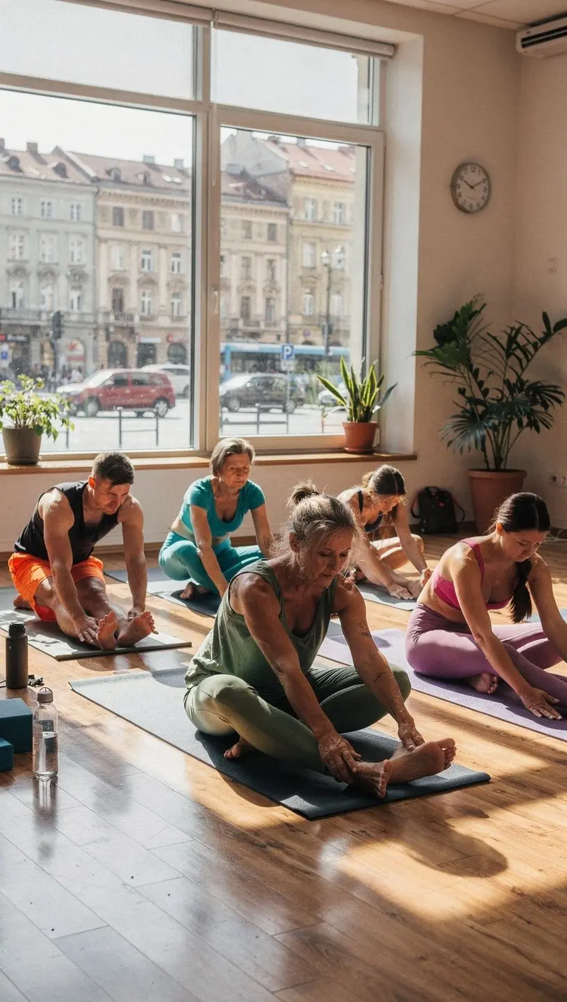 Studio jogi z osobą wykonującą rozciąganie aktywne, poprawiającą elastyczność mięśni.