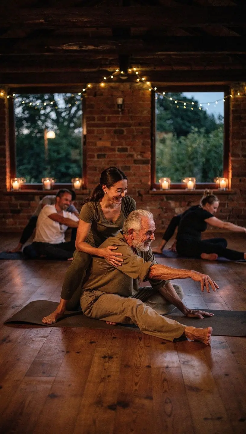 Instruktor prowadzący zajęcia, demonstrujący techniki rozciągania dla uczestników w studio.