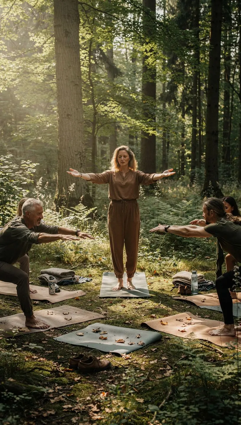 Grupa osób uczestniczących w zajęciach jogi, skoncentrowanych na aktywnym rozciąganiu mięśni.