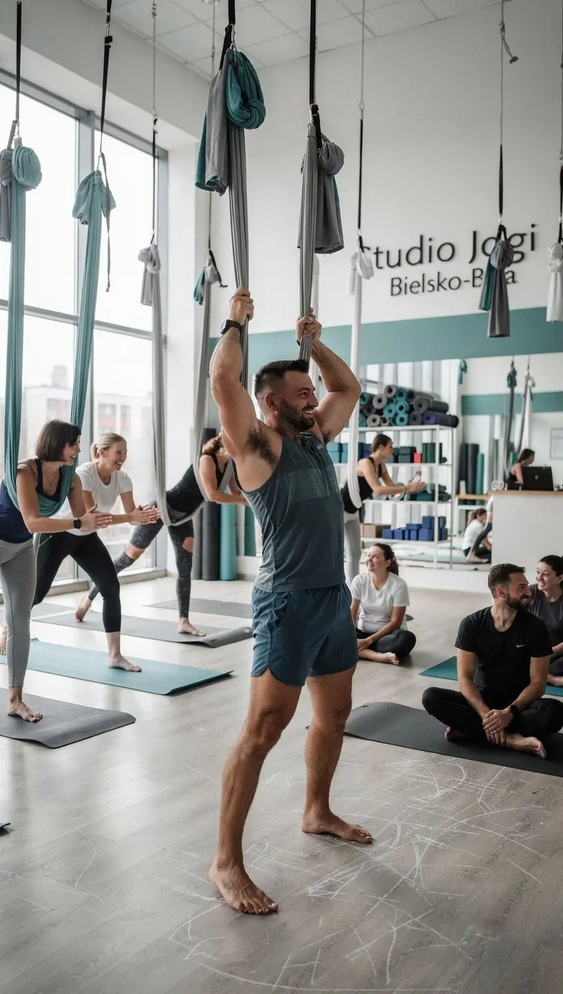 Grupa osób uczestniczących w zajęciach jogi, skoncentrowanych na aktywnym rozciąganiu mięśni.