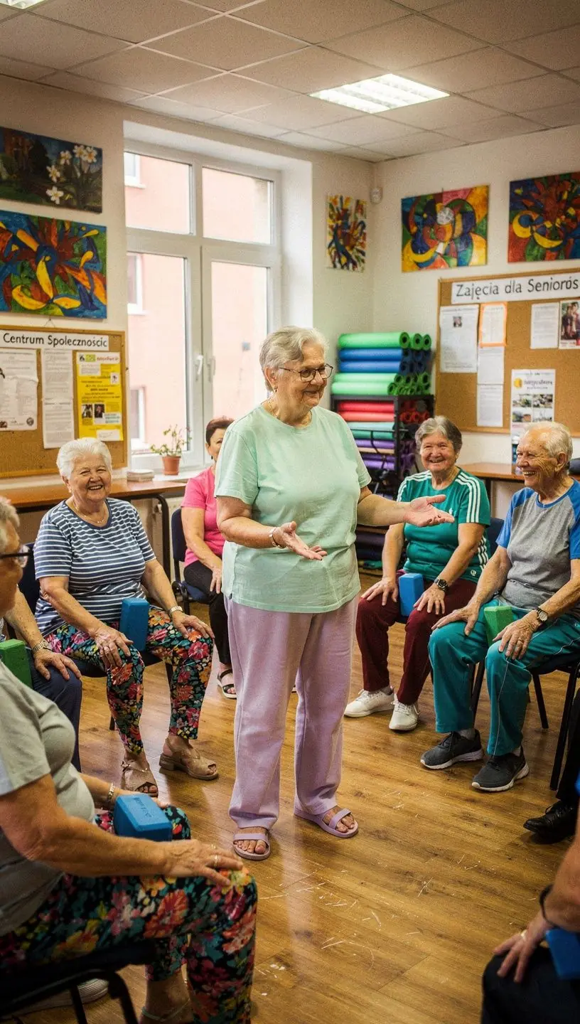 Grupa osób uczestniczących w zajęciach jogi, skoncentrowanych na aktywnym rozciąganiu mięśni.
