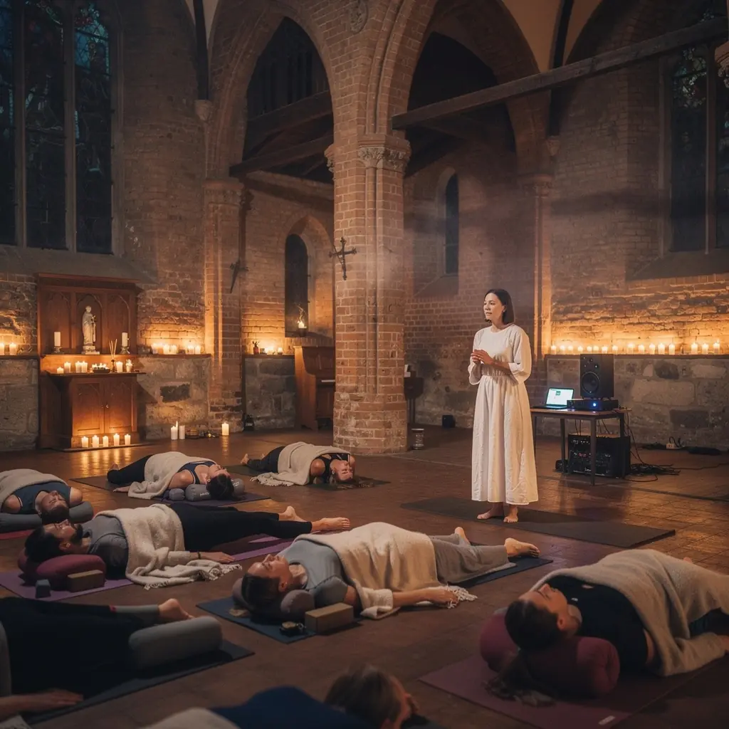 Grupa osób uczestniczących w zajęciach jogi, skoncentrowanych na aktywnym rozciąganiu mięśni.