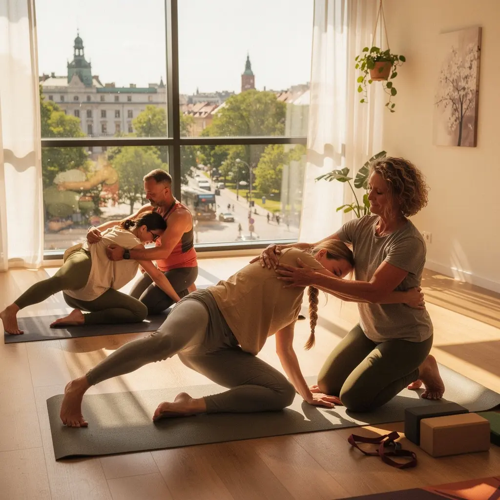 Kobieta wykonująca ćwiczenie rozciągające na macie w studio jogi, z uśmiechem na twarzy.